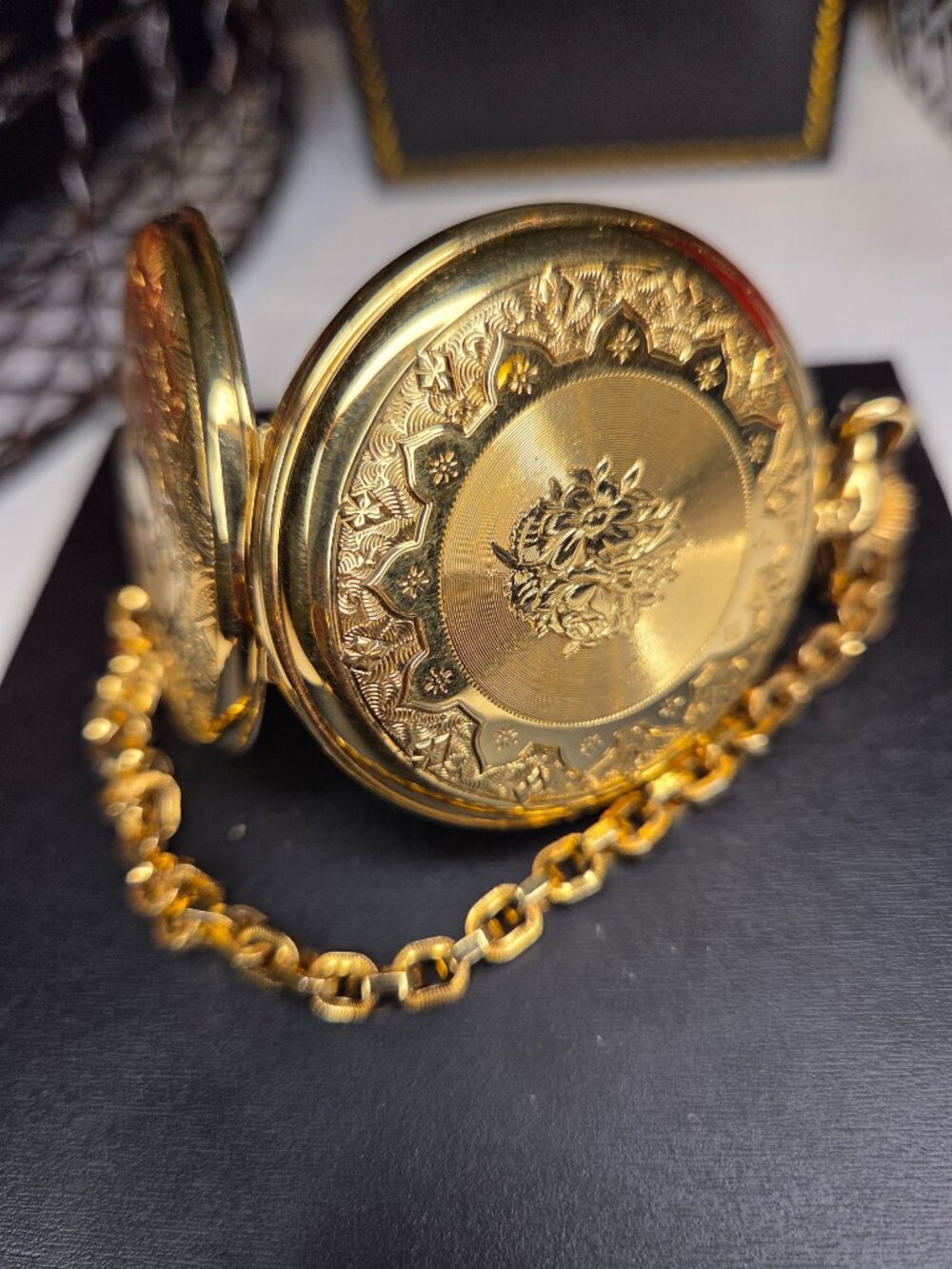 Vintage Colibri Gold Tone Ornate Floral Hunter Watch with Chain